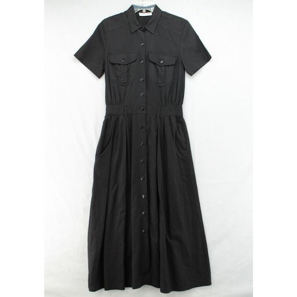 VTG Carol Horn Workshop Midi Dress Womens 8 Black Button up Short Sleeve Prairie - Picture 1 of 7